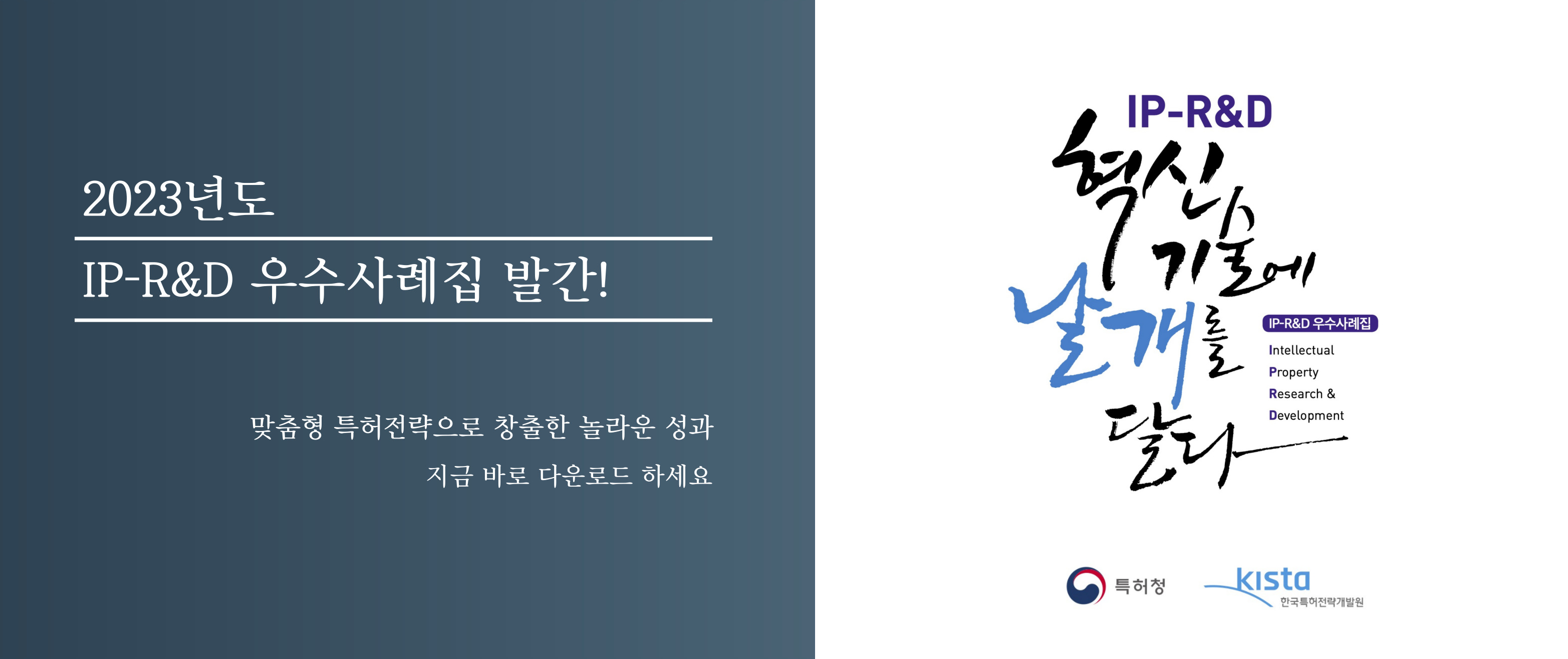2023년도 IP-R&D 우수사례집 발간! 맞춤형 특허전략으로 창출한 놀라운 성과. 지금바로 다운로드 하세요. IP-R&D 혁신 기술에 날개를 달다. IP-R&D 우수사례집.